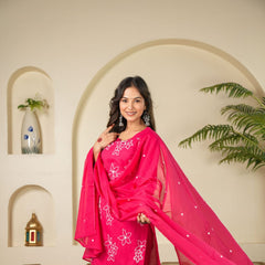 Indolady Rose Charm Embroidered Cotton Kurta Pant Dupatta Set