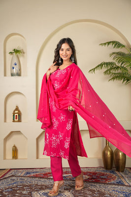 Indolady Rose Charm Embroidered Cotton Kurta Pant Dupatta Set