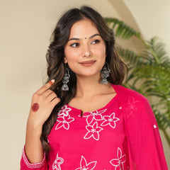 Indolady Rose Charm Embroidered Cotton Kurta Pant Dupatta Set