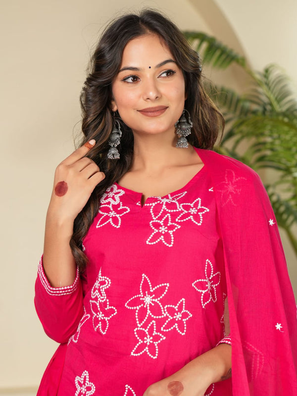 Indolady Rose Charm Embroidered Cotton Kurta Pant Dupatta Set