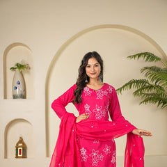 Indolady Rose Charm Embroidered Cotton Kurta Pant Dupatta Set