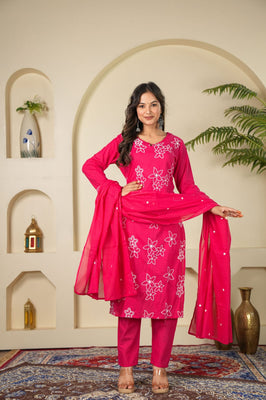 Indolady Rose Charm Embroidered Cotton Kurta Pant Dupatta Set