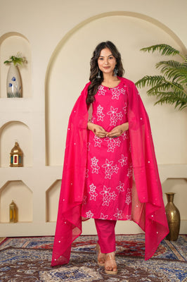 Indolady Rose Charm Embroidered Cotton Kurta Pant Dupatta Set