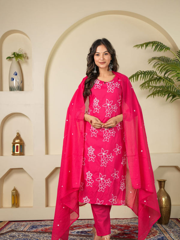 Indolady Rose Charm Embroidered Cotton Kurta Pant Dupatta Set