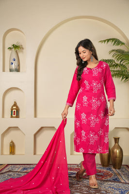Indolady Rose Charm Embroidered Cotton Kurta Pant Dupatta Set
