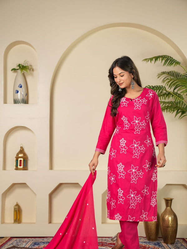 Indolady Rose Charm Embroidered Cotton Kurta Pant Dupatta Set