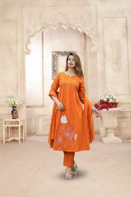 Indolady Tangerine Aura Cotton Suit Set – Handcrafted Bloom in Rust