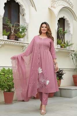 Indolady Lavender Dream Cotton Embroidered Suit Set – Elegant Mauve Magic