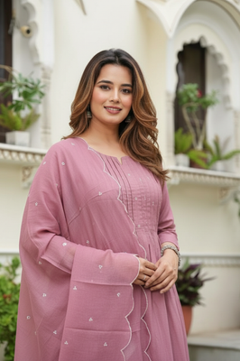 Indolady Lavender Dream Cotton Embroidered Suit Set – Elegant Mauve Magic