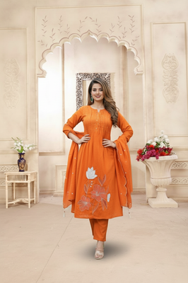 Indolady Tangerine Aura Cotton Suit Set – Handcrafted Bloom in Rust