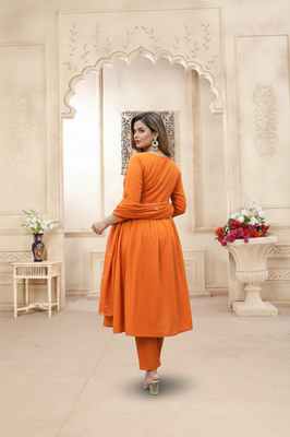 Indolady Tangerine Aura Cotton Suit Set – Handcrafted Bloom in Rust
