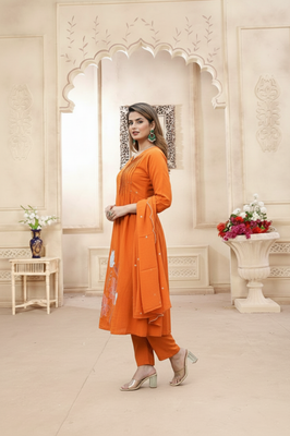 Indolady Tangerine Aura Cotton Suit Set – Handcrafted Bloom in Rust