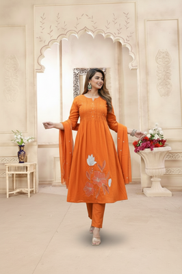 Indolady Tangerine Aura Cotton Suit Set – Handcrafted Bloom in Rust