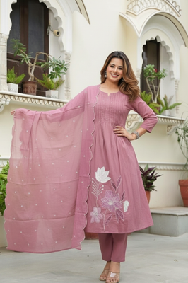 Indolady Lavender Dream Cotton Embroidered Suit Set – Elegant Mauve Magic