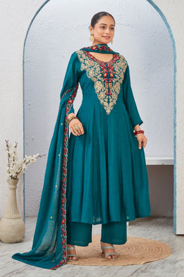 Indolady Blue Enigma Pure Mul Chanderi Suit