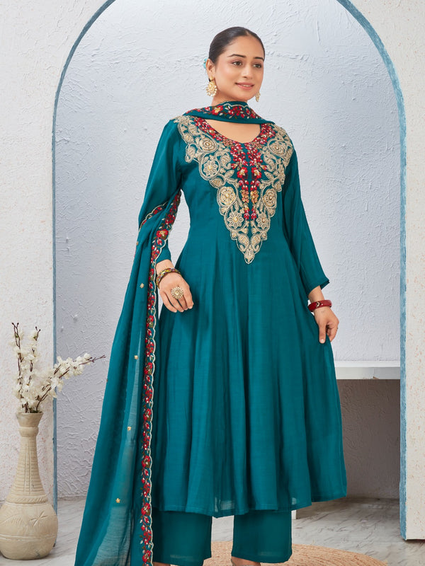 Indolady Blue Enigma Pure Mul Chanderi Suit