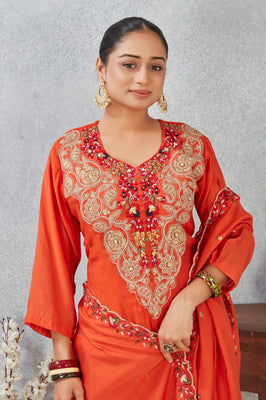 Indolady Festive Tangerine Pure Mul Chanderi Suit