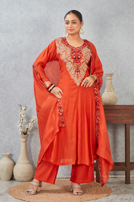 Indolady Festive Tangerine Pure Mul Chanderi Suit