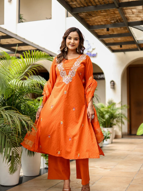 Bright Orange Cotton Dobby Kurta Set with Embroidery