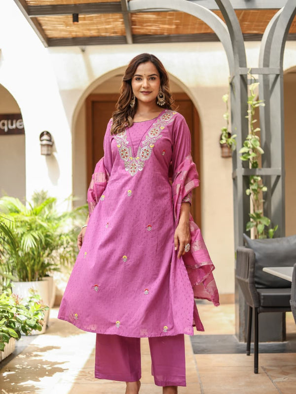 Indolady Lavender Glow A-Line Cotton Dobby Suit Set