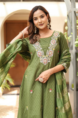 Indolady Olive Cotton Dobby A-Line Suit Set