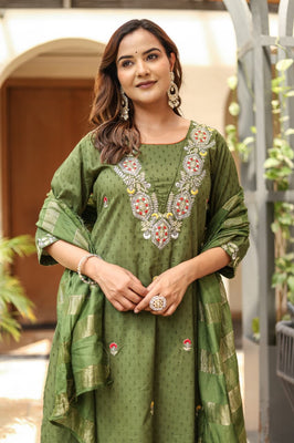 Indolady Olive Cotton Dobby A-Line Suit Set