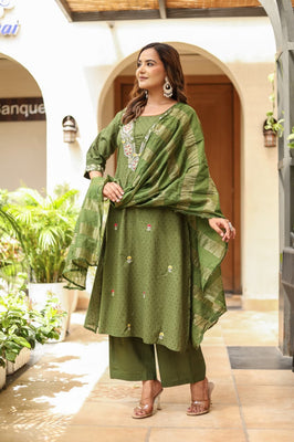 Indolady Olive Cotton Dobby A-Line Suit Set
