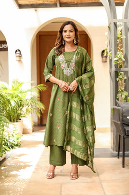 Indolady Olive Cotton Dobby A-Line Suit Set