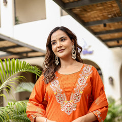 Bright Orange Cotton Dobby Kurta Set with Embroidery
