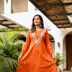 Bright Orange Cotton Dobby Kurta Set with Embroidery