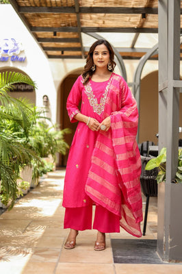 Indolady Blush Pink Cotton Dobby A-Line Suit Set