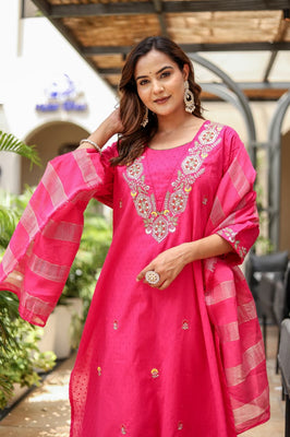 Indolady Blush Pink Cotton Dobby A-Line Suit Set