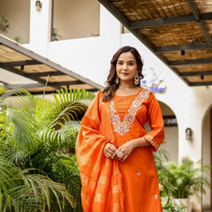 Bright Orange Cotton Dobby Kurta Set with Embroidery