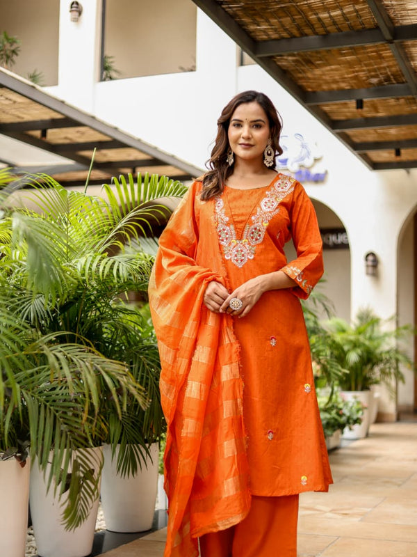 Bright Orange Cotton Dobby Kurta Set with Embroidery