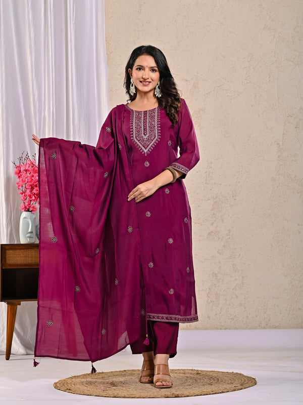 Indolady Vintage Wine Glow Party Wear Suit Set