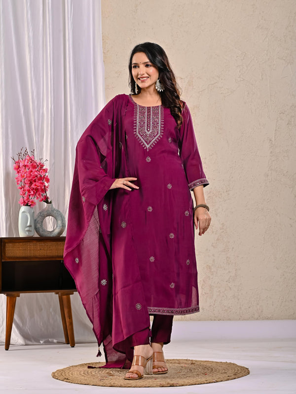 Indolady Vintage Wine Glow Party Wear Suit Set