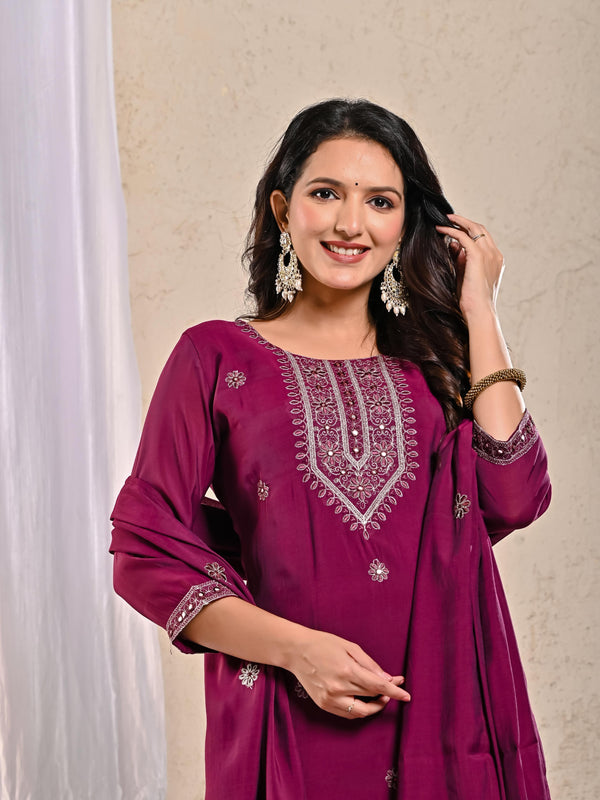 Indolady Vintage Wine Glow Party Wear Suit Set