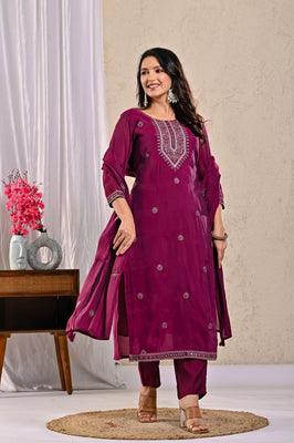 Indolady Vintage Wine Glow Party Wear Suit Set