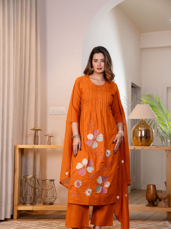 Festive Glow Pure Cotton Floral Kurta Pant Dupatta Set