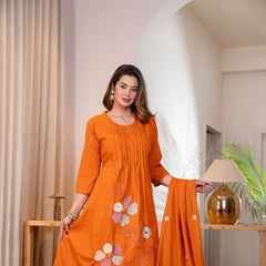 Festive Glow Pure Cotton Floral Kurta Pant Dupatta Set