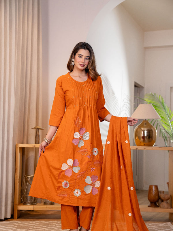 Festive Glow Pure Cotton Floral Kurta Pant Dupatta Set