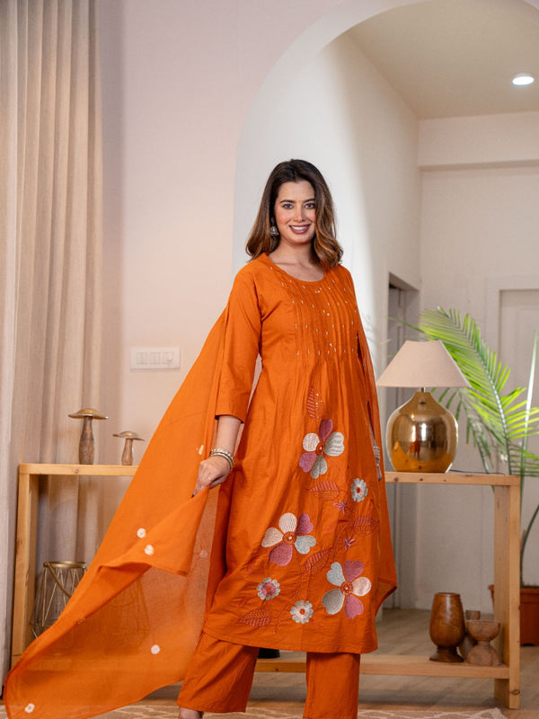 Festive Glow Pure Cotton Floral Kurta Pant Dupatta Set