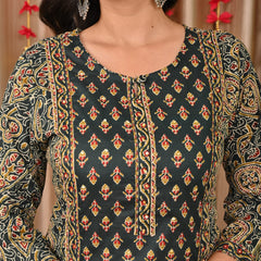 IndoLady Elegant Bottle Green Printed Cotton Suit Set with Handwork & Dupatta