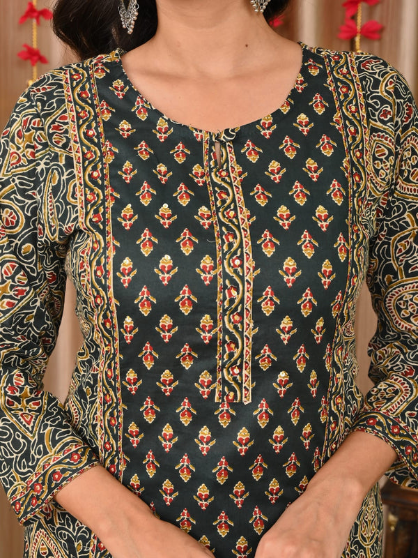 IndoLady Elegant Bottle Green Printed Cotton Suit Set with Handwork & Dupatta