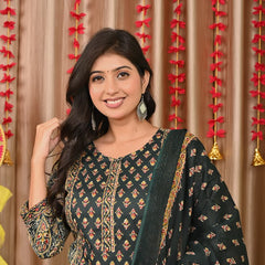 IndoLady Elegant Bottle Green Printed Cotton Suit Set with Handwork & Dupatta