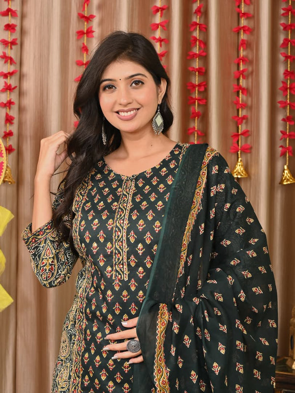 IndoLady Elegant Bottle Green Printed Cotton Suit Set with Handwork & Dupatta