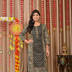 IndoLady Elegant Bottle Green Printed Cotton Suit Set with Handwork & Dupatta