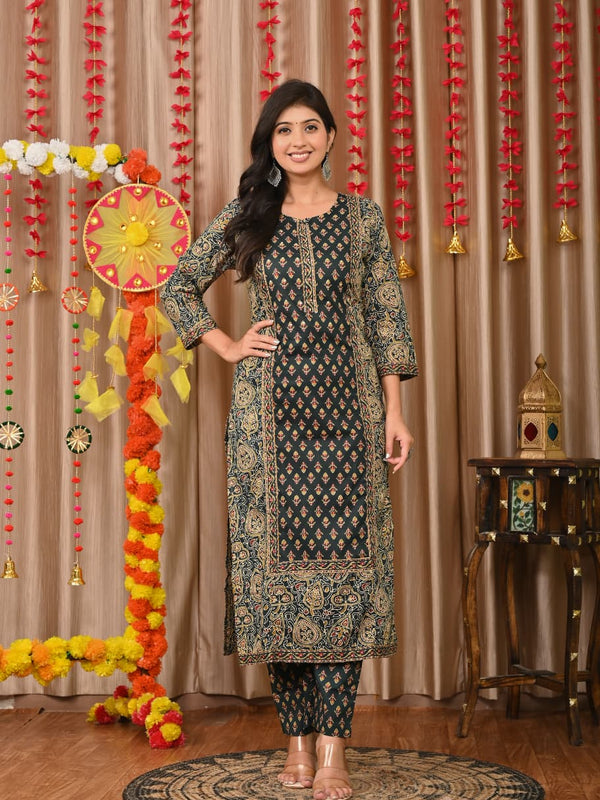IndoLady Elegant Bottle Green Printed Cotton Suit Set with Handwork & Dupatta