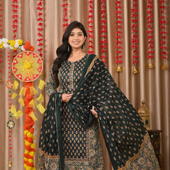 IndoLady Elegant Bottle Green Printed Cotton Suit Set with Handwork & Dupatta