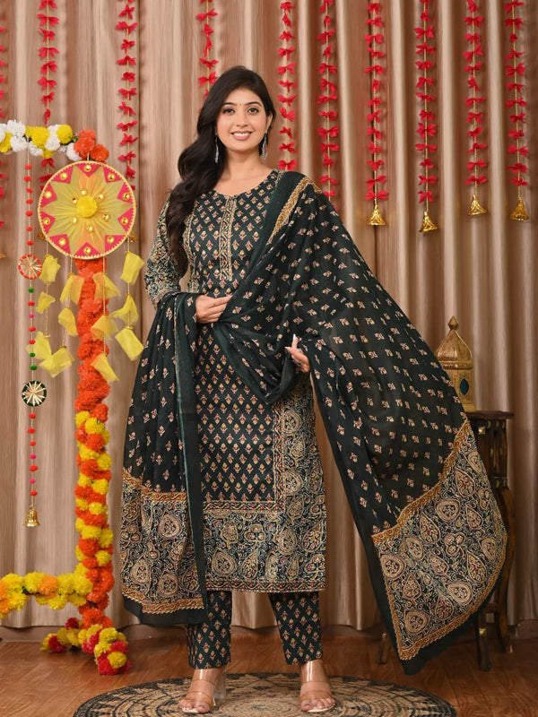 IndoLady Elegant Bottle Green Printed Cotton Suit Set with Handwork & Dupatta